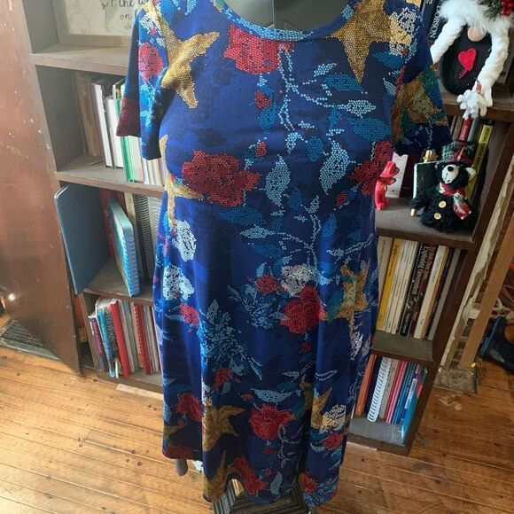 Lularoe stars & roses blue XXS knit travel high low swing dress - Picture 1 of 3